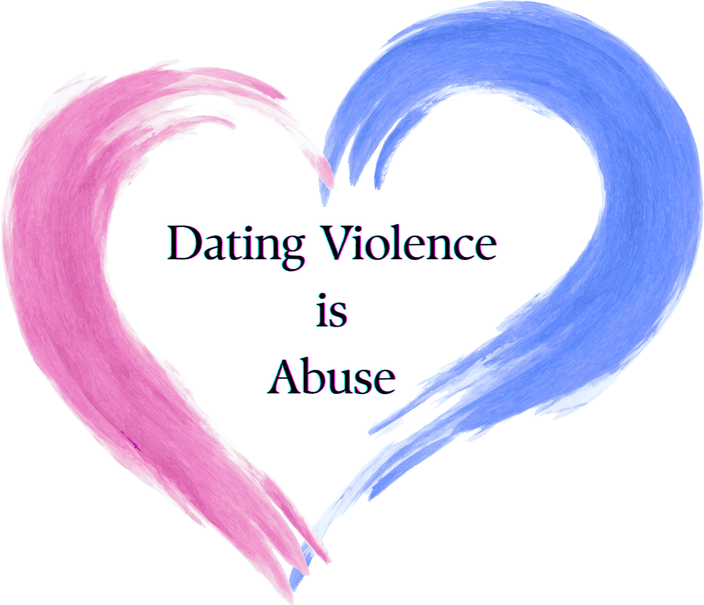 Heart-shaped pink and blue brush strokes with message about dating violence awareness.